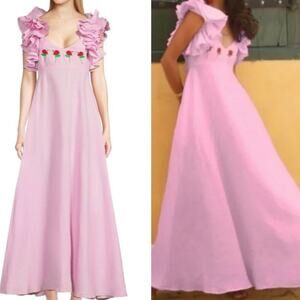 Fanm Mon Aster Pink Deme Linen Embroidered Maxi Dress